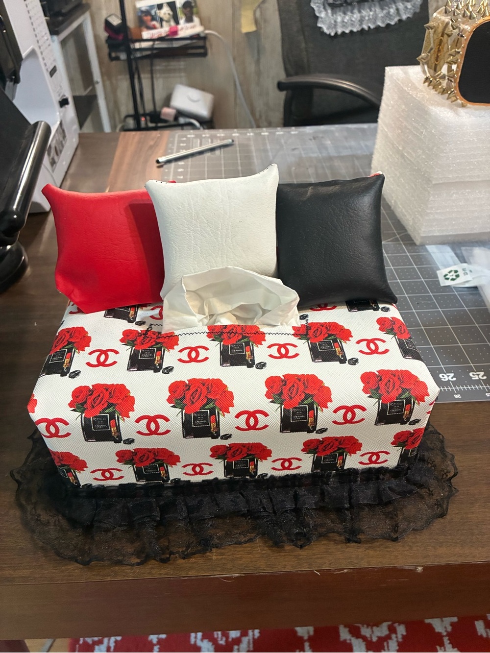 Decorative Red, White, and Black Tissue Box Cover faux leather